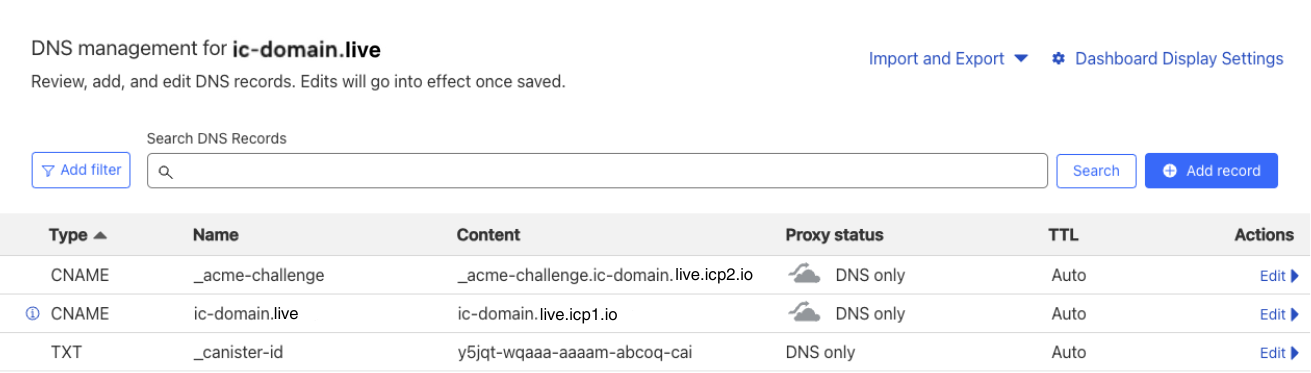 DNS Configuration for `ic-domain.live` on Cloudflare